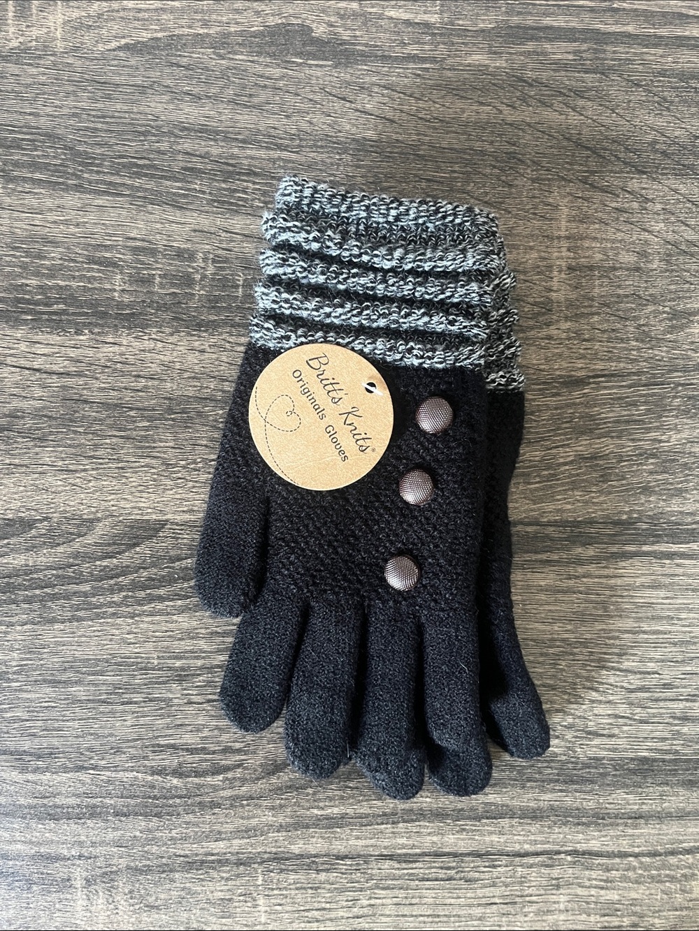Britt's Knits Black and Gray Button Cuff Knit Gloves